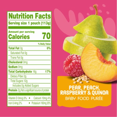Comforts™ Pear Peach Raspberry & Quinoa Stage 2 Baby Food Puree Pouch Perspective: left