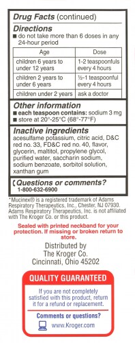 Kroger® Cherry Flavored Children's Mucus Relief Liquid Cough Suppressant Perspective: left