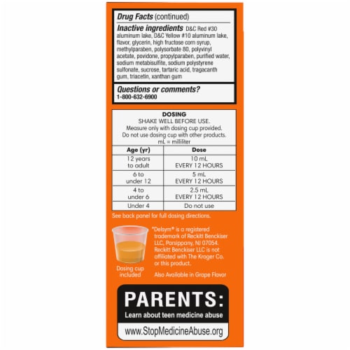 Kroger® Orange Flavor Liquid Cough DM Suppressant Medicine Perspective: left