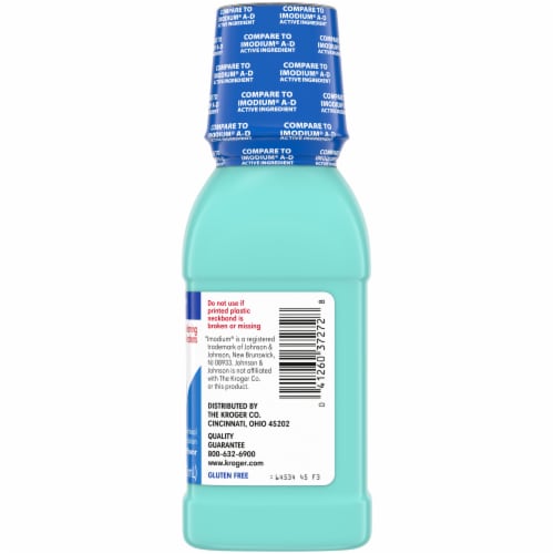 Kroger® Loperamide Hydrochloride Oral Suspension Anti-Diarrheal Mint Flavor Medication Perspective: left
