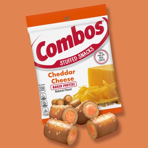 Combos Stuffed Snacks Cheddar Cheese Baked Pretzel Snacks Perspective: left