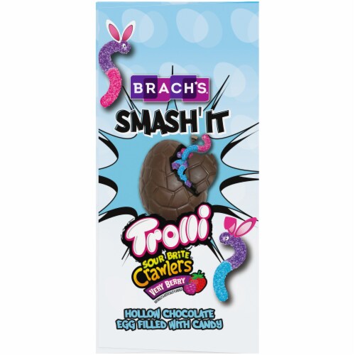 Brach's Smash It Hollow Chocolate Egg with Trolli Sour Brite Very Berry Crawlers Perspective: left