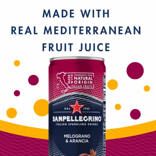 San Pellegrino Melagrano and Arancia Flavored Sparkling Water Cans with Italian Fruit Juice Perspective: left