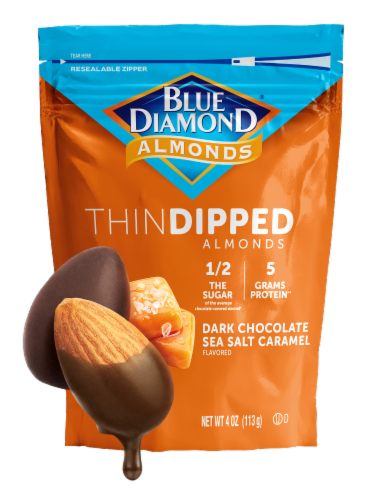 Blue Diamond® Thin Dipped Dark Chocolate Sea Salt Caramel Almonds Perspective: left