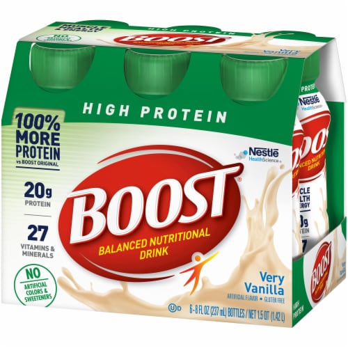 Nestle Boost High Protein Balanced Nutritional Drink Very Vanilla 8 oz Bottle 24 Ct Perspective: left