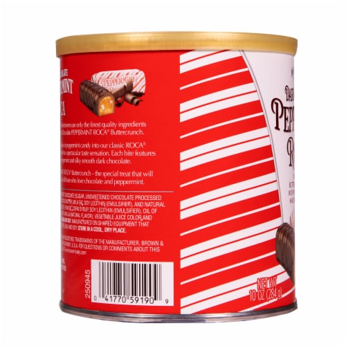 Brown & Haley® Roca® Dark Chocolate Peppermint Buttercrunch Toffee Holiday Candy Canister Perspective: left