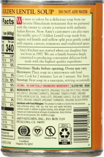 Amy's Indian Dal Golden Lentil Soup Perspective: left