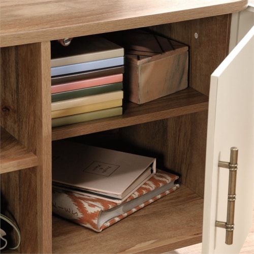 Sauder Coral Cape Engineered Wood TV Stand in Sindoori Mango/Gold Perspective: left