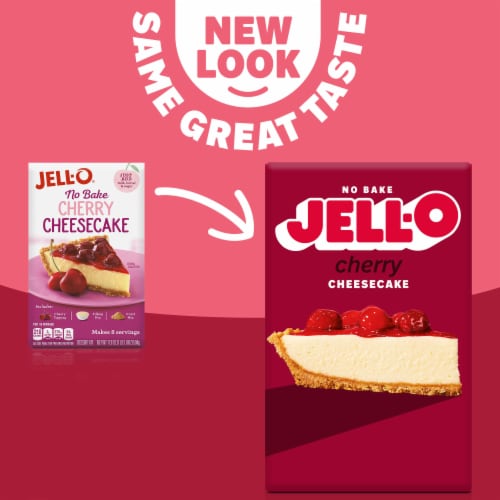 Jell-O No Bake Cherry Cheesecake Dessert Kit with Cherry Topping Filling Mix & Crust Mix Perspective: left