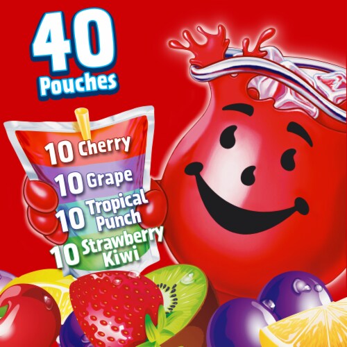 Kool-Aid Jammers Cherry, Grape, Tropical Punch & Strawberry Kiwi Drink Variety Pack, Box, Pouches Perspective: left