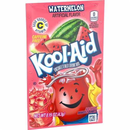 Kool Aid Unsweetened Watermelon Pink Powdered Soft Drink Mix Packet Perspective: left