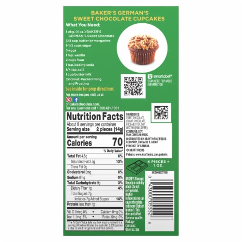 Baker's German's Sweet Chocolate Premium Baking Bar with 48% Cacao Perspective: left