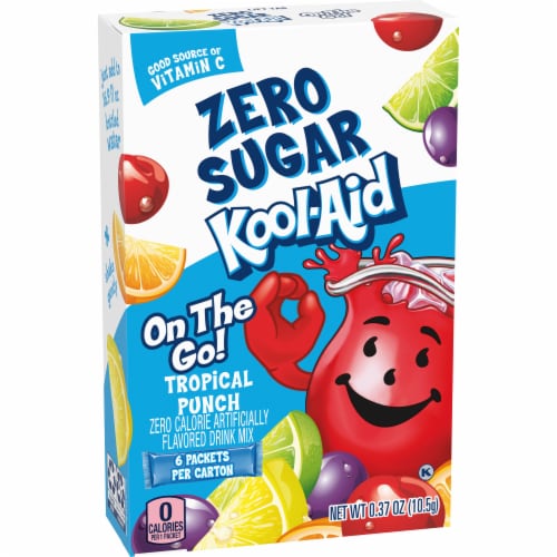Kool Aid Zero Sugar Tropical Punch Red Powdered Soft Drink Mix On the Go Packets Perspective: left