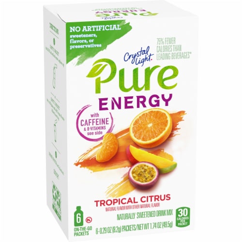 Crystal Light Pure Energy Tropical Citrus with Caffeine and B Vitamins Drink Mix Packets Perspective: left