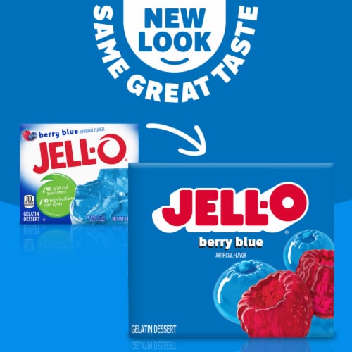 Jell-O Berry Blue Artificially Flavored Gelatin Dessert Mix, Box Perspective: left