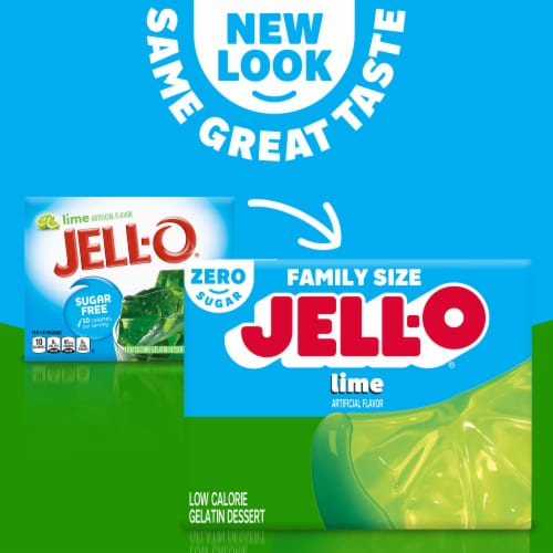 Jell-O Lime Zero Sugar Low Calorie Gelatin Dessert Mix, Family Size, Box Perspective: left