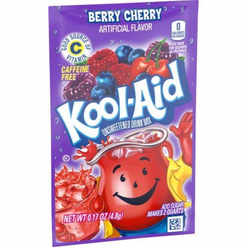 Kool Aid Unsweetened Berry Cherry Red Powdered Soft Drink Mix Packet Perspective: left