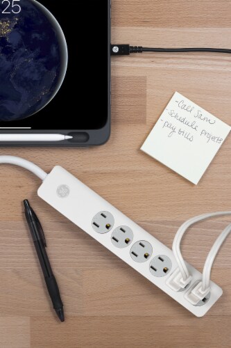 GE 4-Outlet and Dual USB Charging Surge Protector - White Perspective: left