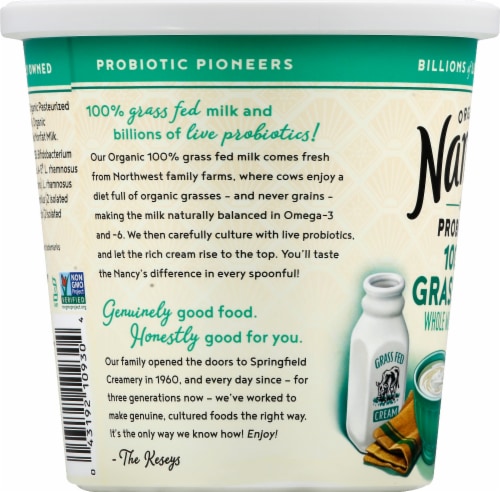 Nancy's 100% Grass-Fed Plain Probiotic Whole Milk Yogurt Tub Perspective: left
