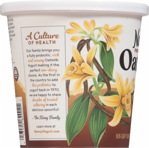 Nancy's® Vanilla Dairy Free Probiotic Oat Milk Yogurt Tub Perspective: left