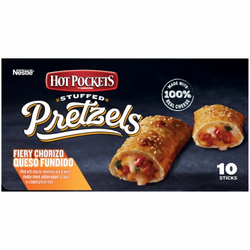 Hot Pockets Fiery Chorizo Queso Fundido Stuffed Pretzels Perspective: left
