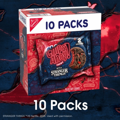 CHIPS AHOY! Stranger Things Chewy Chocolatey Strawberry-Flavored Filled Soft Cookies Perspective: left