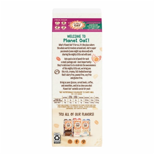 Planet Oat Unsweetened Extra Creamy Oatmilk, 52 oz Perspective: left