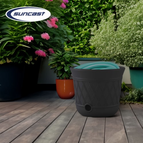 Suncast 14 x 12 Resin Decorative Hideaway Outdoor Garden Hose Storage Pot, Gray Perspective: left