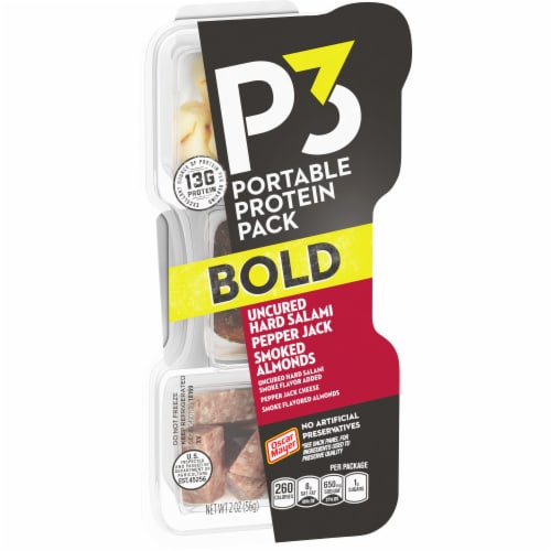 P3 Bold Portable Portein Snack Pack with Uncured Hard Salami Pepper Jack Cheese & Smoked Almonds Perspective: left