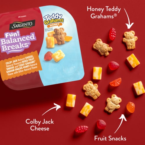 Sargento® Fun! Balanced Breaks® Colby-Jack Cheese Mixed Fruit TEDDY GRAHAMS® Honey Snack Kit Perspective: left