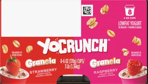 YoCrunch Strawberry & Raspberry Lowfat Yogurt with Kellogg's Granola Perspective: left