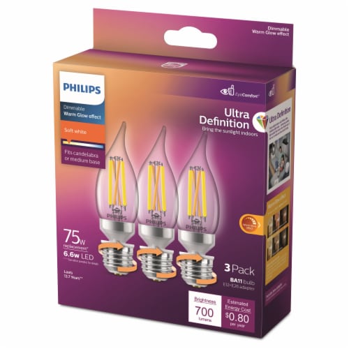 Philips 6.6 Watt 75 Watt BA11 Candle LED Dimmable Flicker Free Light Bulb Soft White 2700K 3 pk Fry s Food Stores