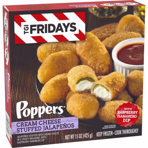 TGIF Cream Cheese Stuffed Jalapeno Poppers Frozen Snacks with Raspberry Habanero Dip Perspective: left