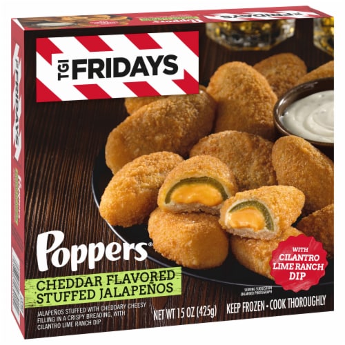 TGI Fridays Frozen Appetizers Cheddar Cheese Jalapeno Poppers with Cilantro Lime Ranch Dip Box Perspective: left