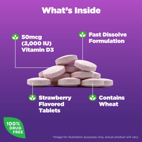 Natrol® Bone and Joint Health Vitamin D Strawberry Fast Dissolve Tablets 2000 IU Perspective: left