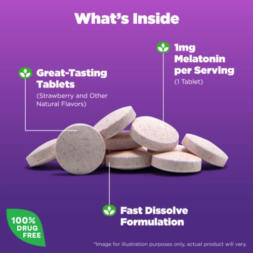 Natrol® Melatonin Sleep Aid Supplement Strawberry Flavored Fast Dissolve Tablets Perspective: left