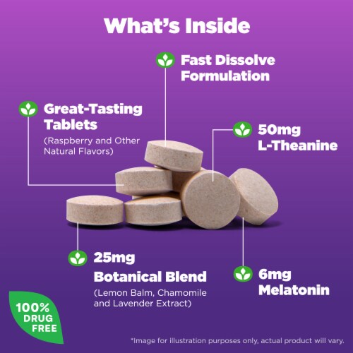 Natrol® Sleep + Calm Sleep Aid Supplement Raspberry Flavored Fast Dissolve Tablets Perspective: left