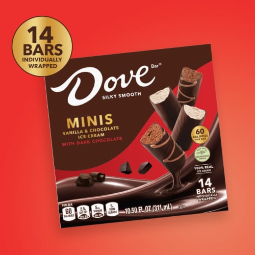 DOVE Dark Chocolate Mini Ice Cream Bars with Vanilla and Chocolate Ice Cream Perspective: left