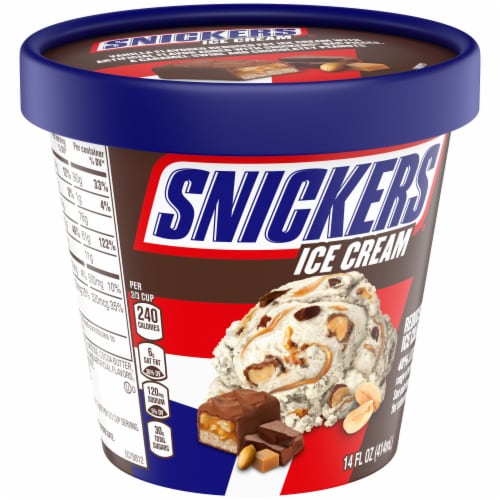 SNICKERS Ice Cream Reduced Fat Vanilla Ice Cream Caramel and Snickers Candy Bar Pieces Perspective: left