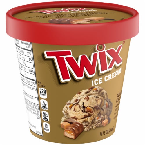TWIX Caramel and Fudge Swirl Ice Cream Reduced Fat Caramel Ice Cream and Twix Candy Bar Pieces Perspective: left
