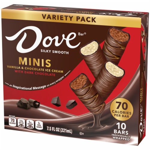 DOVE Ice Cream Vanilla & Chocolate Mini Dark Chocolate Individually Wrapped Ice Cream Bar Assortment Perspective: left