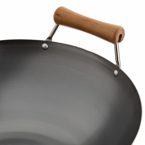 Joyce Chen Classic Series 14in Uncoated Carbon Steel Flat Bottom Wok Set Perspective: left