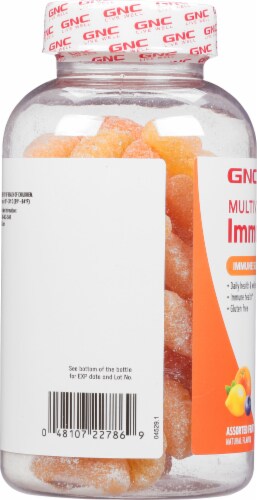 GNC Multi-Vitamin + Immune Support Assorted Fruit Gummies Perspective: left