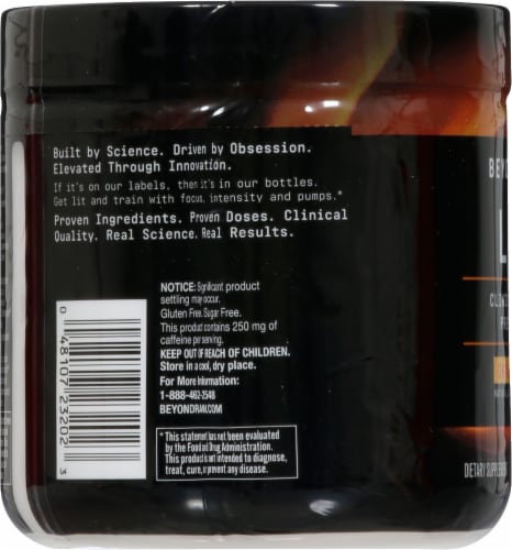 GNC Beyond Raw Orange Mango LIT Clinically Dosed Pre-Workout Perspective: left