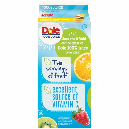 Dole 100% Juice Blend, Pineapple Orange Banana Flavored, 59 Fl Oz, Carton Perspective: left