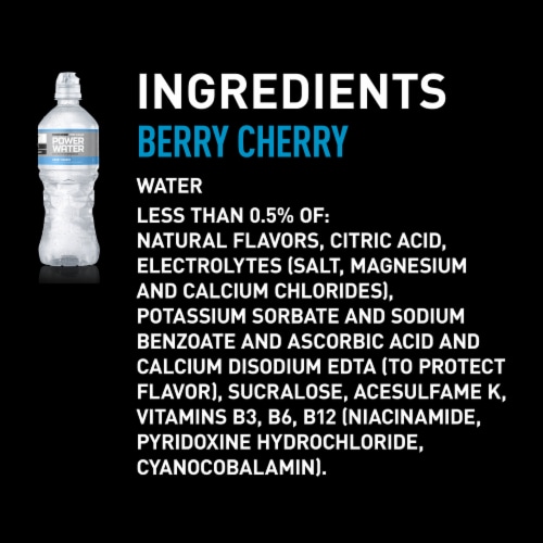 Powerade Zero Sugar Power Water Berry Cherry No Sugar Added Electrolyte & Vitamin Sports Drink Perspective: left