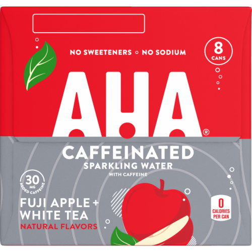 Aha® Caffeinated Sparkling Water Fuji Apple + White Tea Cans Perspective: left