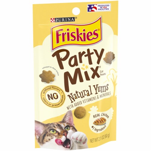 Friskies Party Mix Natural Yums with Real Chicken Cat Treats Perspective: left