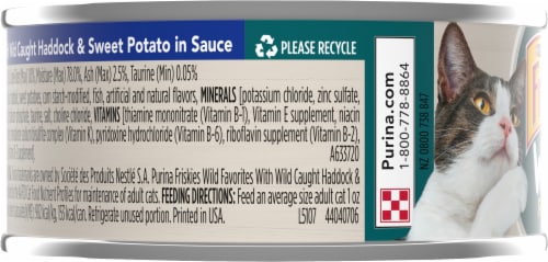 Friskies Wild Favorites Mini Bites With Wild Caught Haddock & Sweet Potato in Sauce Wet Cat Food Perspective: left