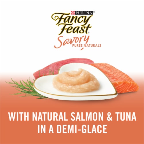 Purina Fancy Feast Savory Puree Naturals Cat Treats with Natural Salmon & Tuna in Demi-Glace Perspective: left